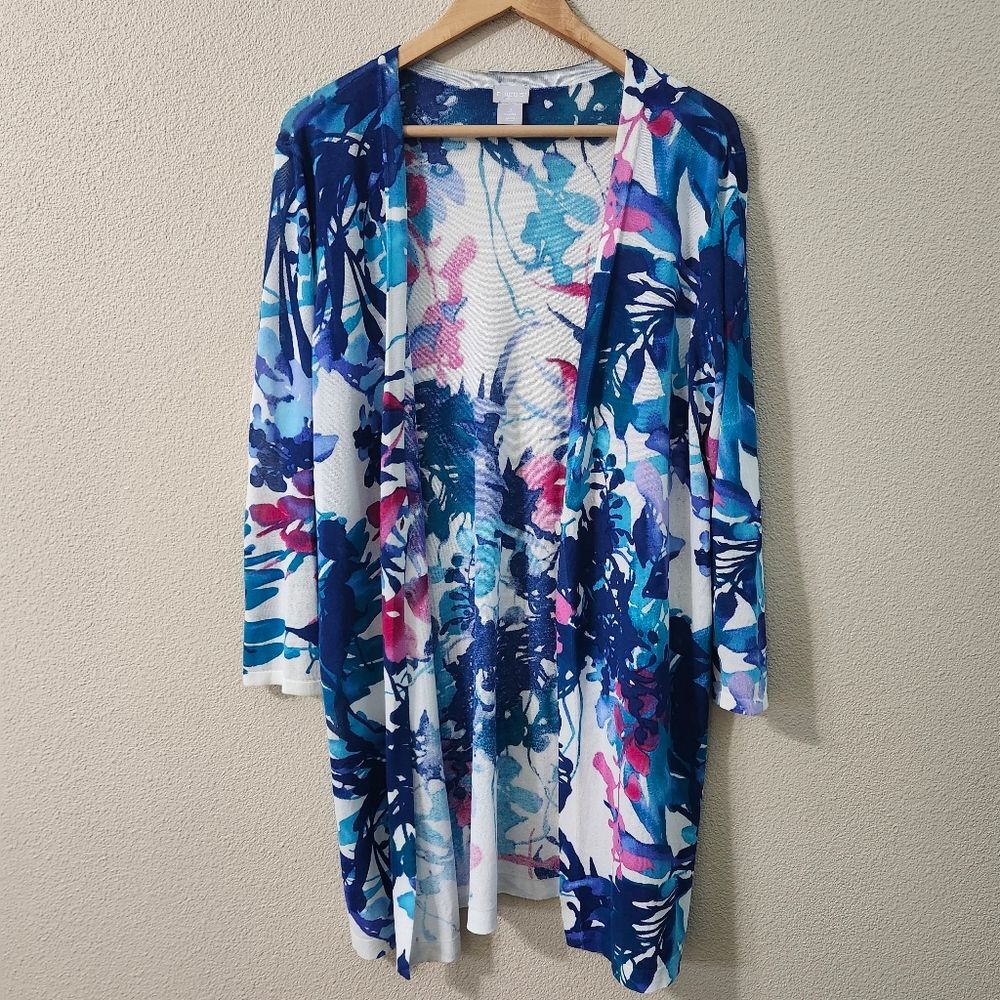 Chico's Spring Paradise Cardigan Sweater Floral Pattern Longline Lightweight - Picture 2 of 13